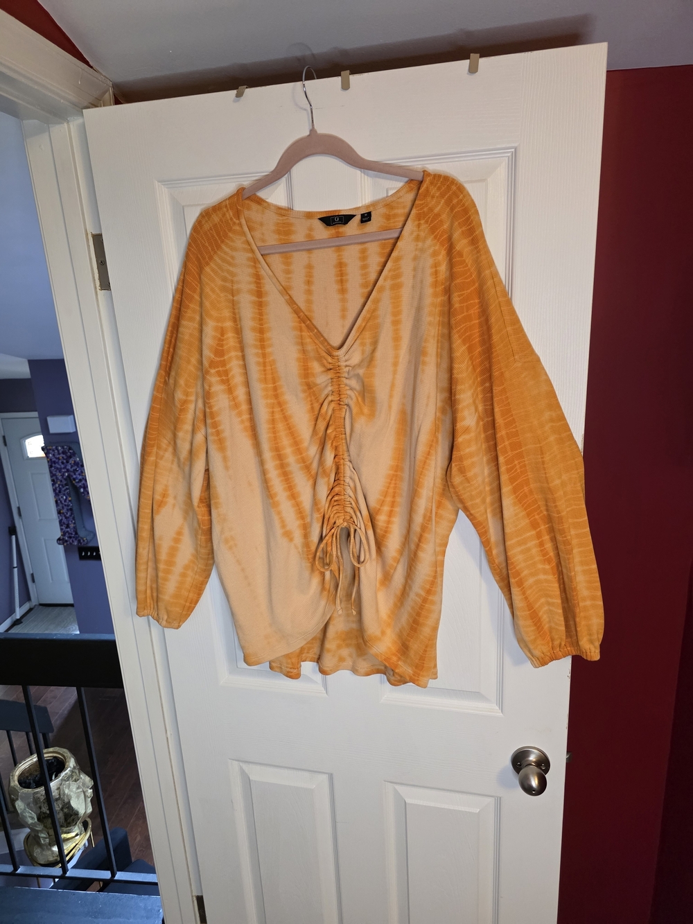 G by Giuliana Orange Tie-Dye V-Neck Ruched Front Tunic